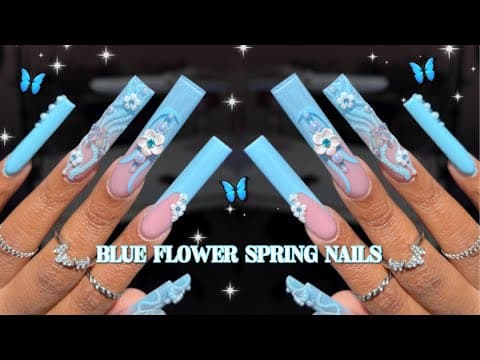 Baby Blue Flower And Butterfly Spring Nails | Acrylic Ombre Nail Hack On Xl Nails | Nail Inspo