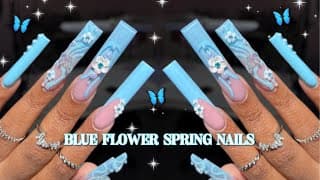 Baby Blue Flower And Butterfly Spring Nails | Acrylic Ombre Nail Hack On Xl Nails | Nail Inspo