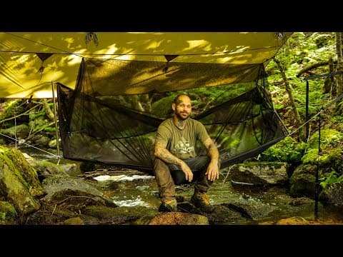 Bushcraft Camping Over River In Hammock Shelter