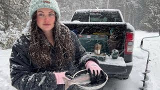 Solo Snowstorm Truck Camping (catch & Cook Ice Fishing)