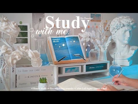 4-hour 🩵🤍 Study With Me • Fire Crackling🕯️+ Lofi Bgm • Pomodoro 50-10 • Day271⛅
