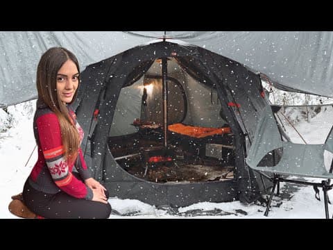 Winter Camp In Hot Tent Overnight | Solo Camping In A Blizzard Woods | Asmr