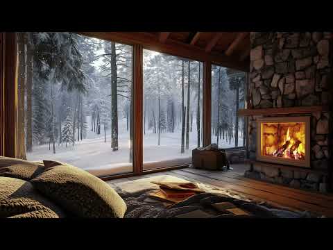 4K -✨Calm Your Mind & Manifest JOY 🌟 Fireplace Crackling, Piano Music & Snowy Ambience