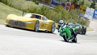 Kawasaki Ninja Zx-14r Vs Mercedes Benz Amg Vision Gt Vs Bugatti Bolide At Old Spa
