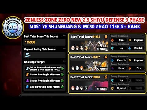 Zenless Zone Zero New 2.5 Shiyu Defense 3 Phase : M0s1 Ye Shunguang & M0s0 Zhao 115k S+ Rank