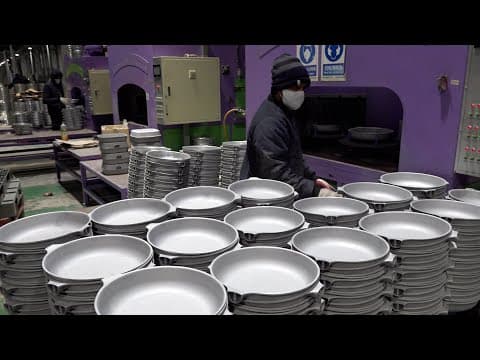 Mass Production Process Of Making Coated Frying Pan In Korea Iron Casting Factory.