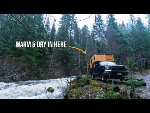 Cold Rainy Truck Camping Along A Roaring Pacific Northwest River