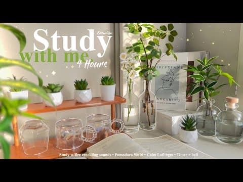 4-hour 🪴 Study With Me • Fire Crackling🕯️+ Lofi Bgm • Pomodoro 50-10 • Day273☘️
