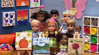 Art class ! Elsa & Anna toddlers - painting - crafts - beads - Barbie is the teacher