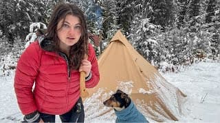 Solo Winter Hot Tent Camping In A Snowstorm With My Dog