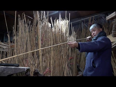 Mass Production Process Of Handmade Bamboo Fishing Rods. Wood Working Artisan In Korea.