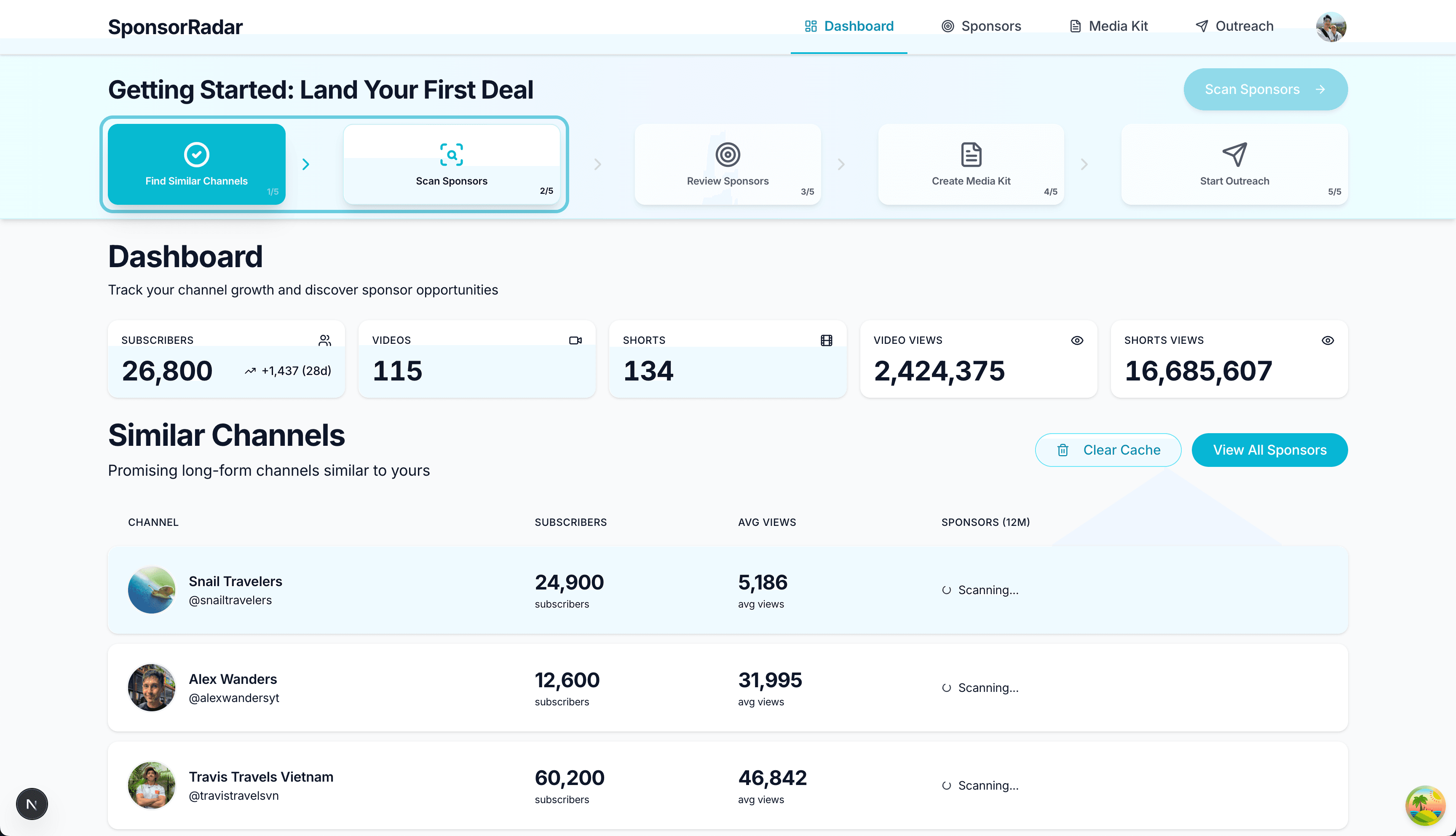 Product dashboard preview showing sponsor discovery and media kit features